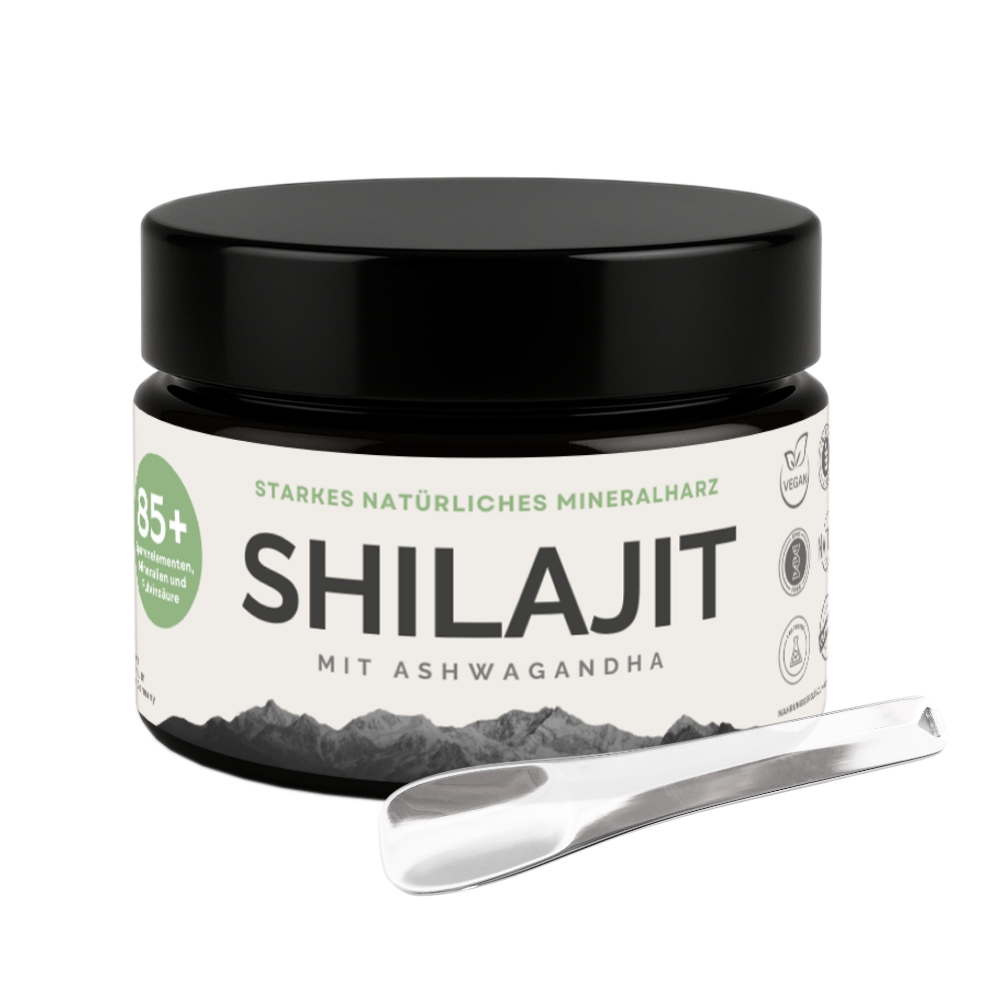 VitalizeNature - Shilajit - 30g Shilajit Original + Ashwagandha - natürliches Himalaya Shilajit - 500mg Shilajit Resin pro Tagesdosis & 100mg Ashwanganda - Shijalit & Ayurvedischer Kräutermischung #1