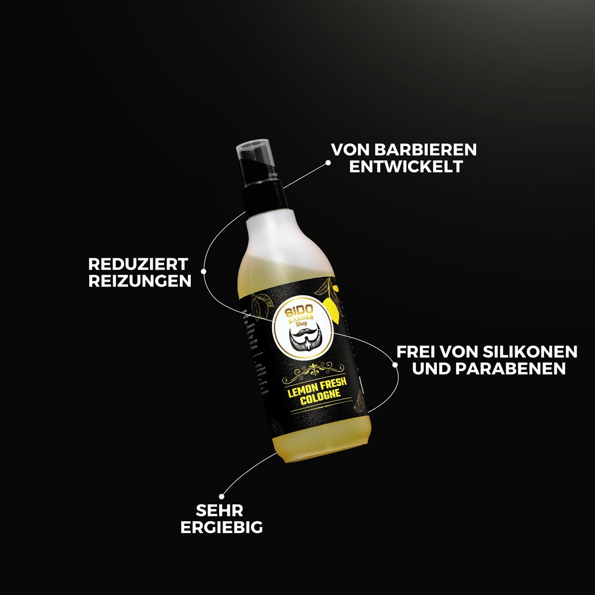 SIDO BARBER Cologne Spray After Shave Herren (250ml, Fresh Lemon) - Barber Spray for Men nach der Rasur - Rasierwasser Spray zur Pflege nach der Rasur - Beruhigt die Haut nach dem Rasieren