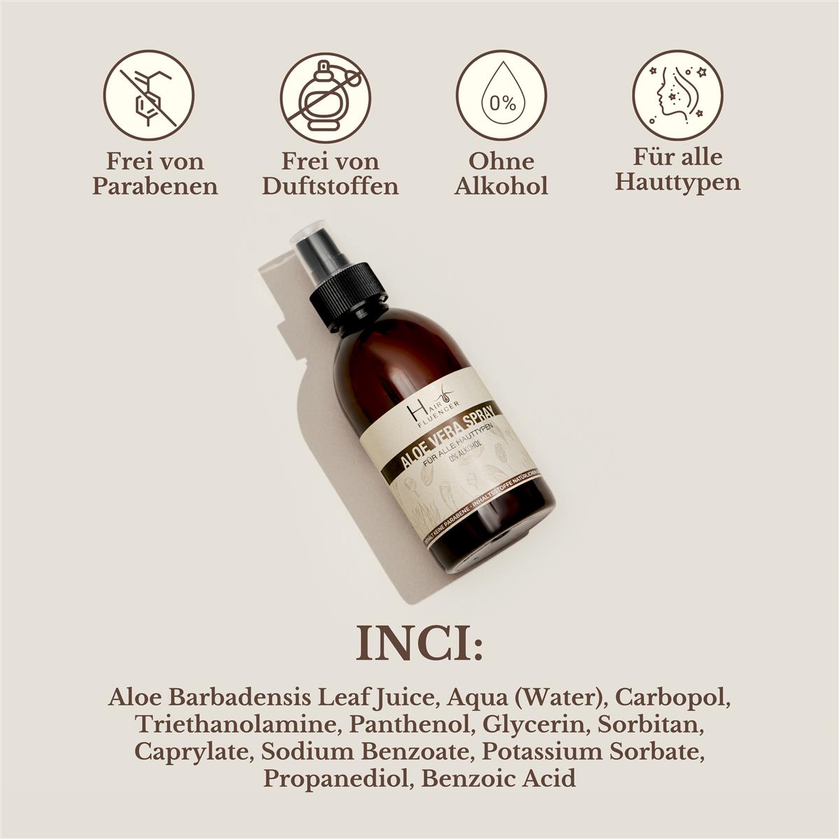 Hairfluencer Bio Aloe Vera Spray 250 ml - Ohne Alkohol aus Blattsaft zur Pflege von Haut und Haare - feuchtigkeitsspendend und entzündungshemmend - gegen Pickel und Akne ohne Parabene